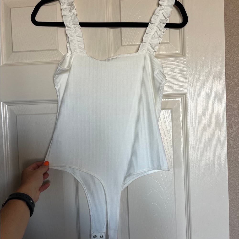 White Ribbed Bodysuit with Ruffle Straps - Picture 2 of 3